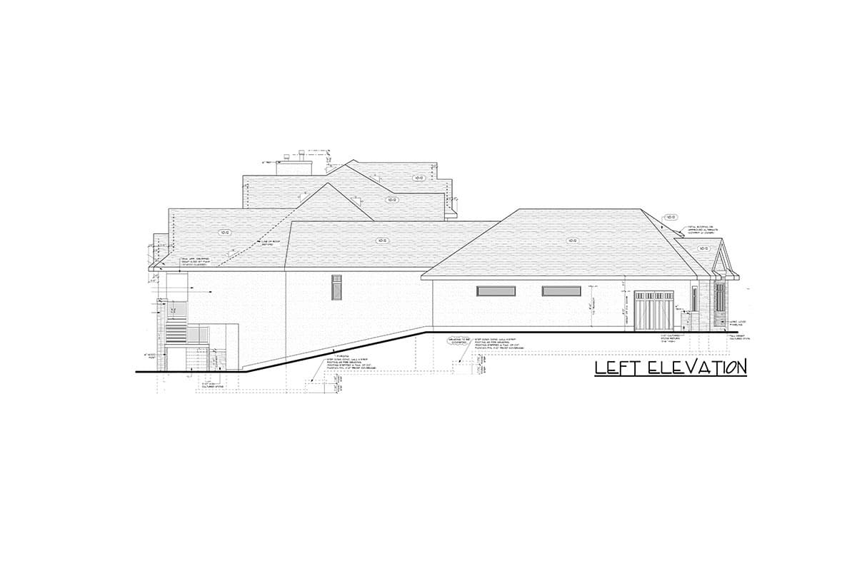 Left elevation architectural drawing showing rooflines, multiple gables, windows, an exterior staircase, and a garage door.