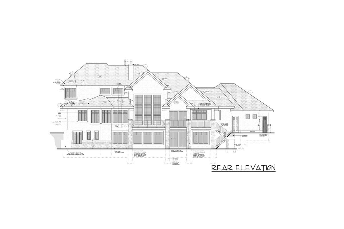 Rear elevation architectural drawing of a large house with multiple gables, balconies, and a two-story window wall.