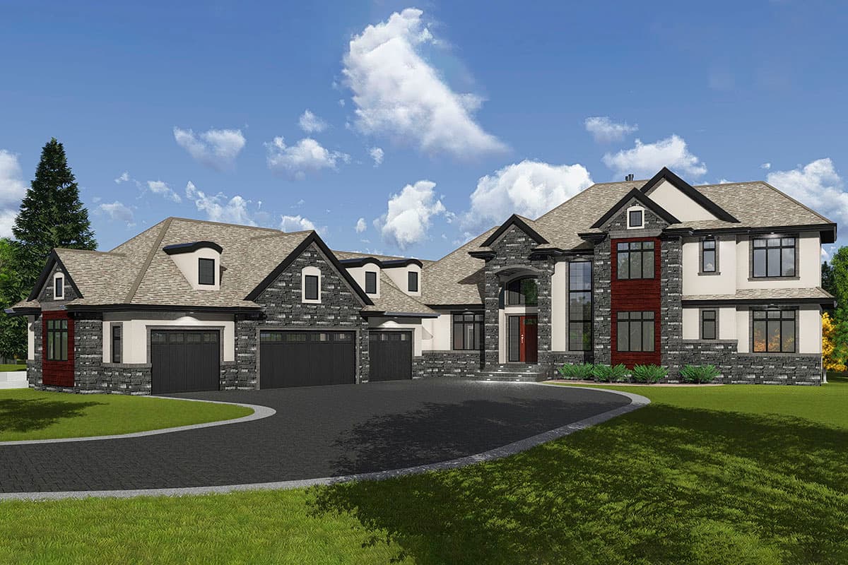 House plan exterior. Two-story home with a stone facade, gabled roof, and three-car garage. Features include dormers and arched entryway.