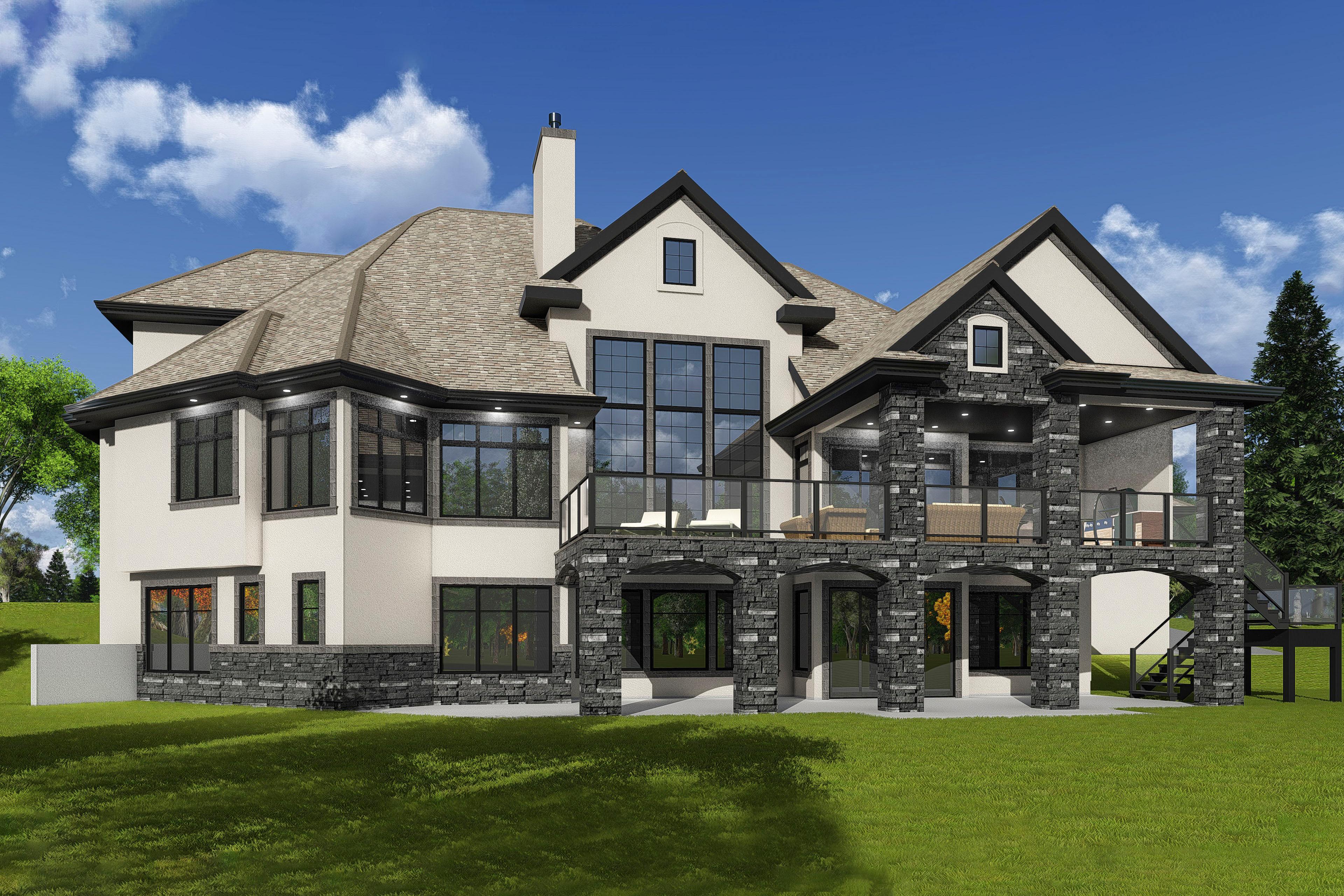 House plan exterior: multi-story home with stone accents, large windows, gabled rooflines, and covered outdoor living spaces.