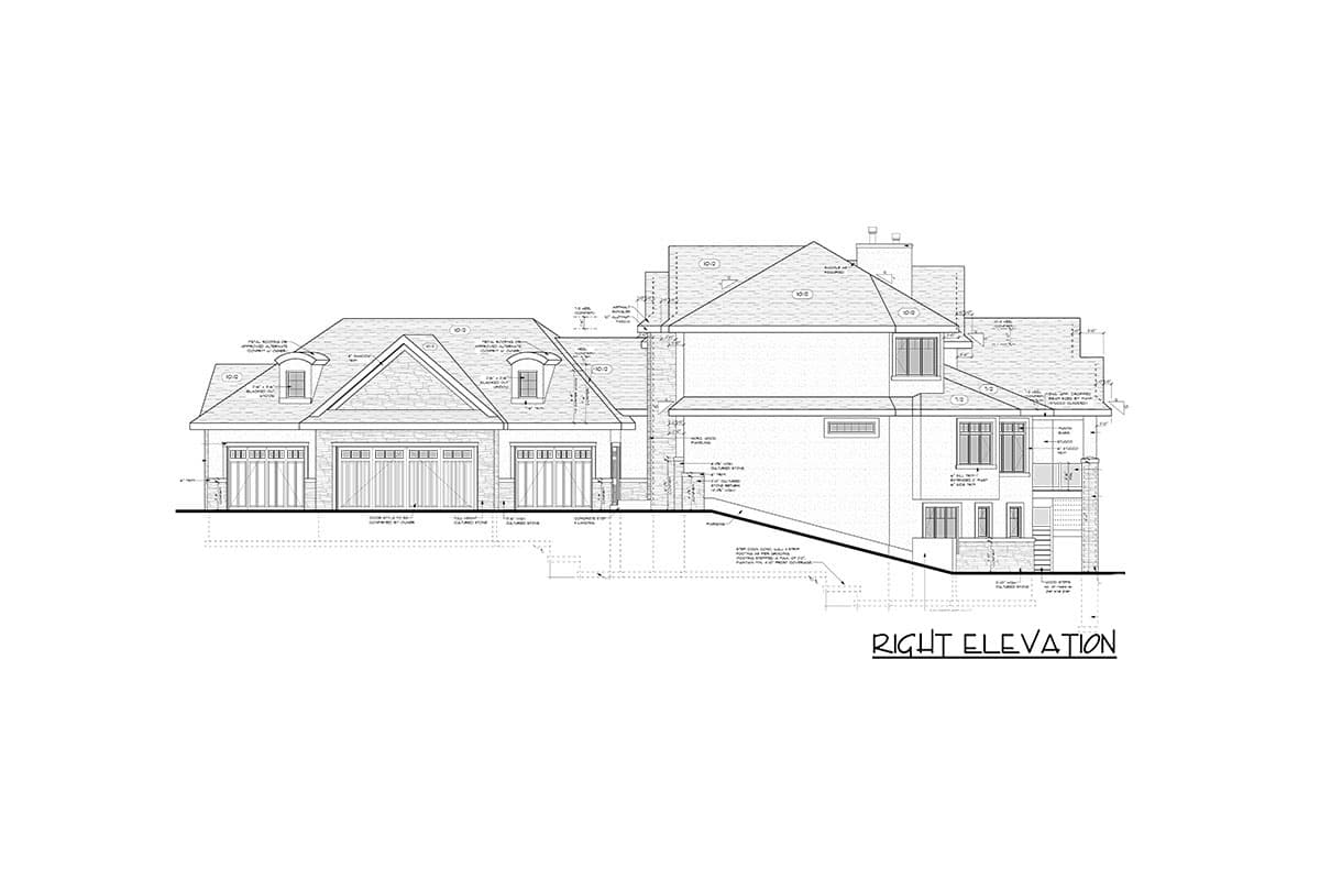 Architectural drawing of a house plan, right elevation, showing a multi-story house with an attached three-car garage.
