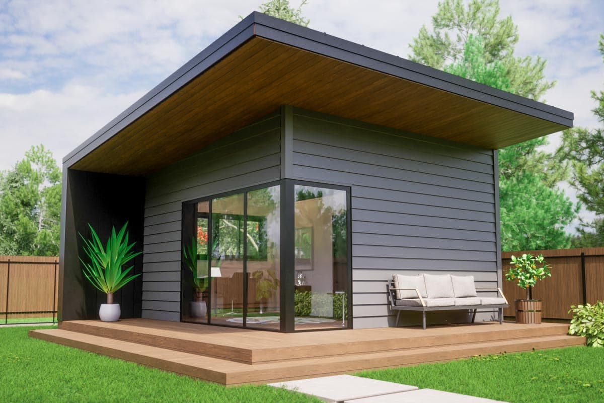Modern house plan exterior with flat roof, horizontal siding, and floor-to-ceiling windows. Features a wooden deck and covered porch.