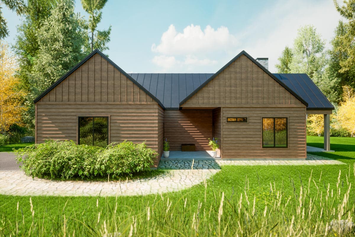 House plan exterior. Ranch style with a low-pitched roof, gabled rooflines, and a covered porch. Siding is wood. Two stories not evident.