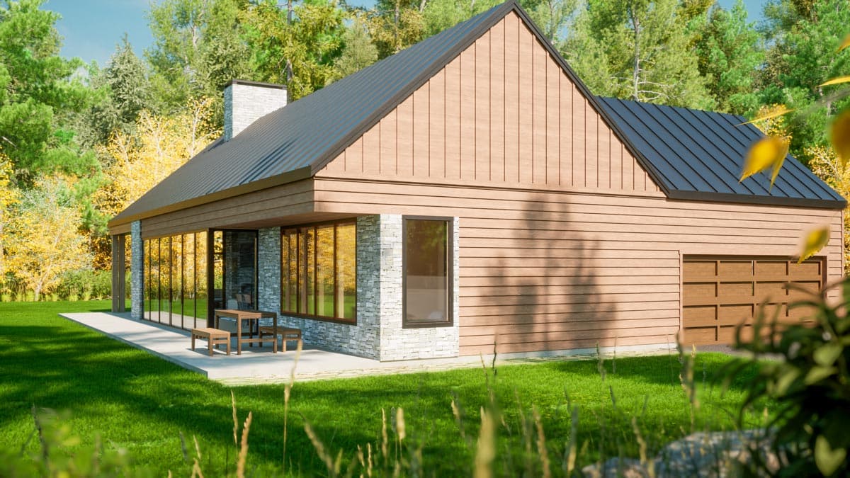 House plan exterior: Modern ranch with a gabled roof, stone and wood siding, large windows, and a two-car garage.