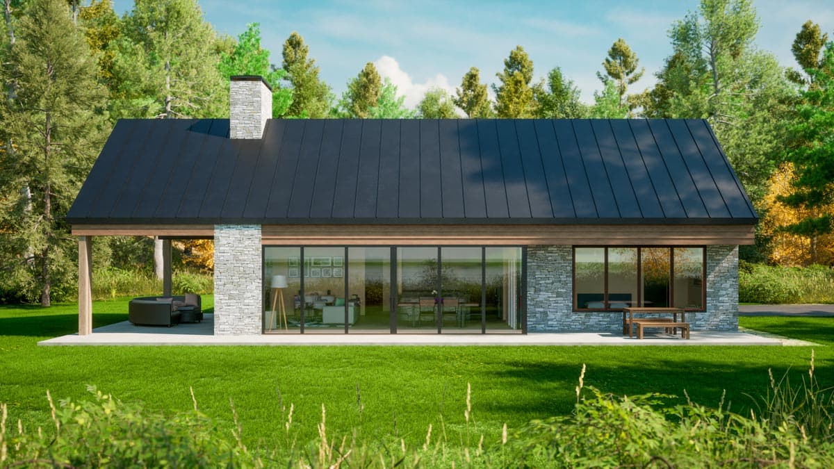 Modern house plan exterior with a metal roof, stone facade, covered patio, and large glass windows.