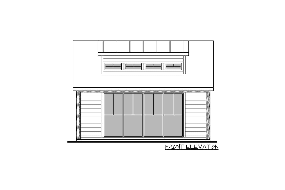 Front elevation drawing of a house plan featuring a large multi-pane window and a clerestory window band.