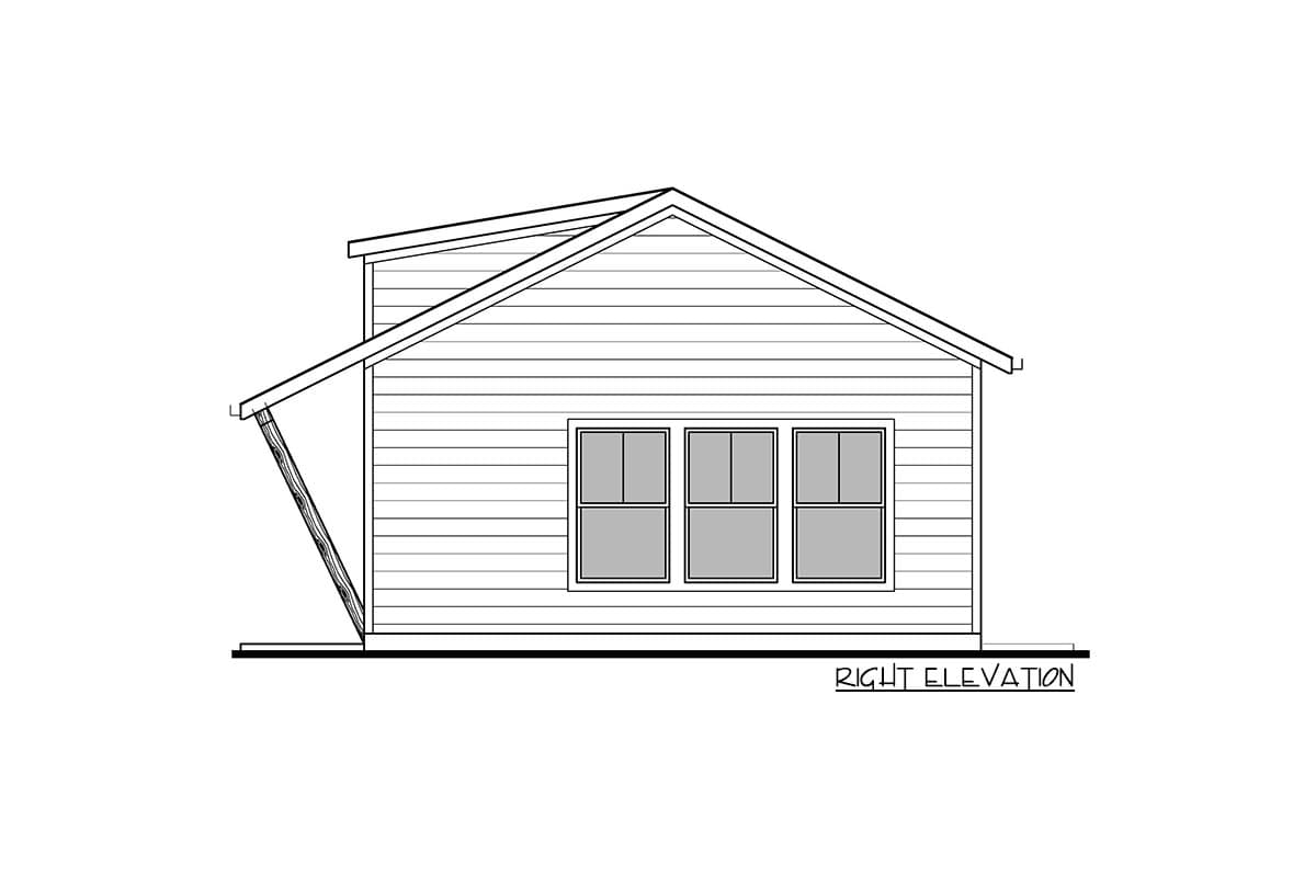 Right elevation house plan drawing with horizontal siding, pitched roof, and three windows.