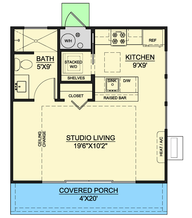 Plan 370038SEN: 400 Square Foot New American Backyard ADU - Floor Plan - Main Level - Contemporary, Cottage, Country, New American, Vacation