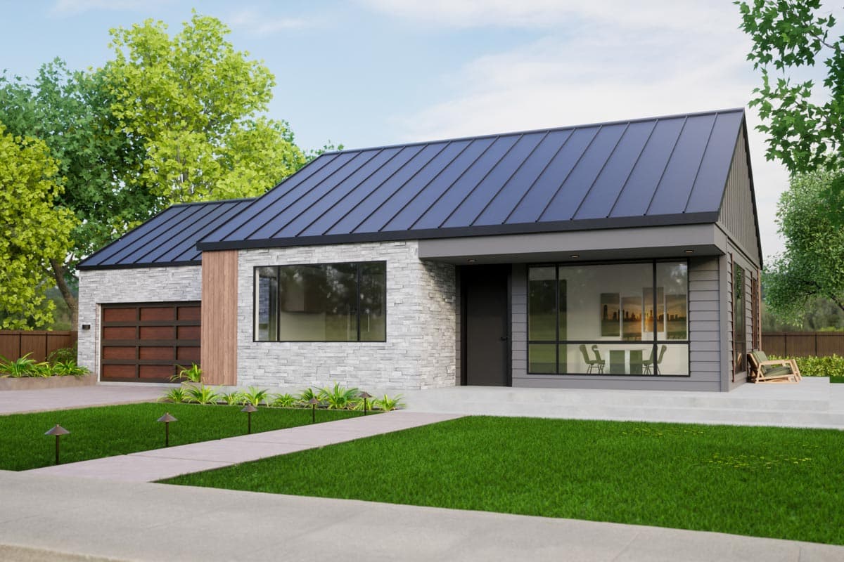 House plan exterior with modern style, one story, a shed roof, a paneled garage door, and a covered porch with large windows.