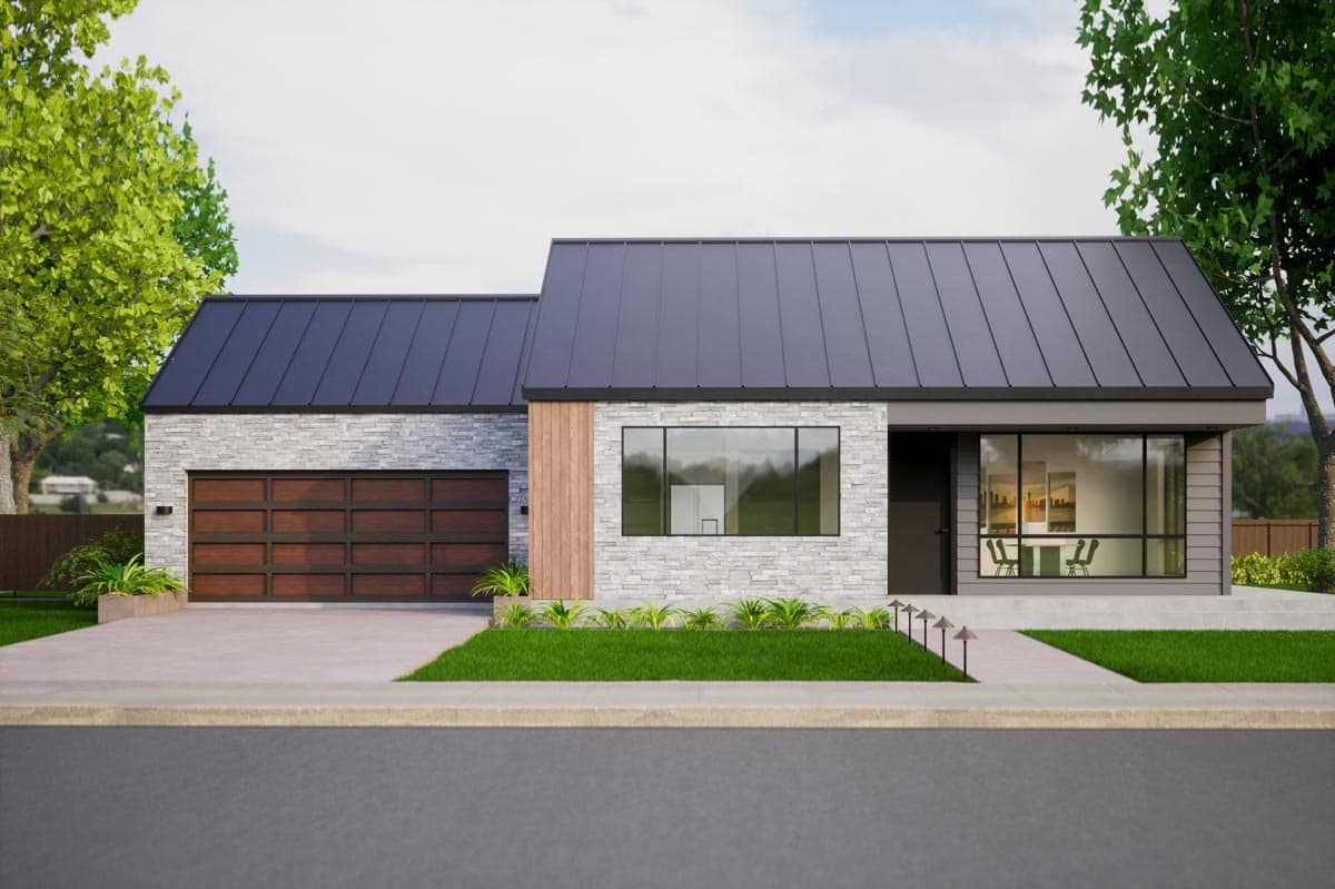 Modern house plan exterior featuring a metal gable roof, stone facade, wood accents, and a two-car garage.