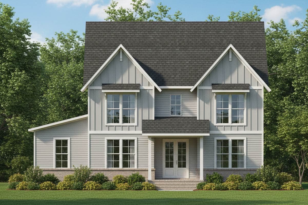 House plan exterior. Two-story Modern Farmhouse with gable roof, covered front porch, and symmetrical window placement.