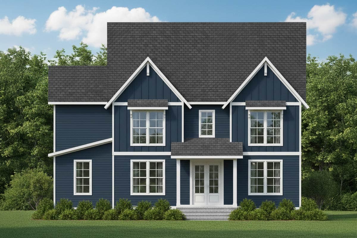 House plan exterior with two stories, gabled dormers, and a covered entry porch with double doors.