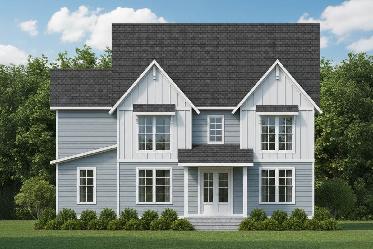 House plan exterior of a two-story home with a hipped roof, gables, board-and-batten siding, and a covered front entrance.