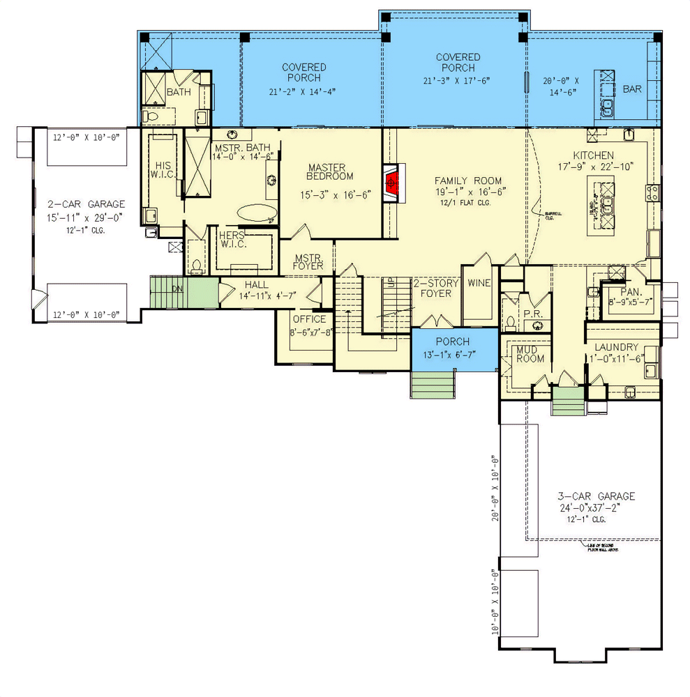 Plan 25785GE: 5-Bed House Plan Under 5000 Square Feet with Great Outdoor Spaces in Back - Floor Plan - Main Level - Craftsman, Mountain, New American, Transitional