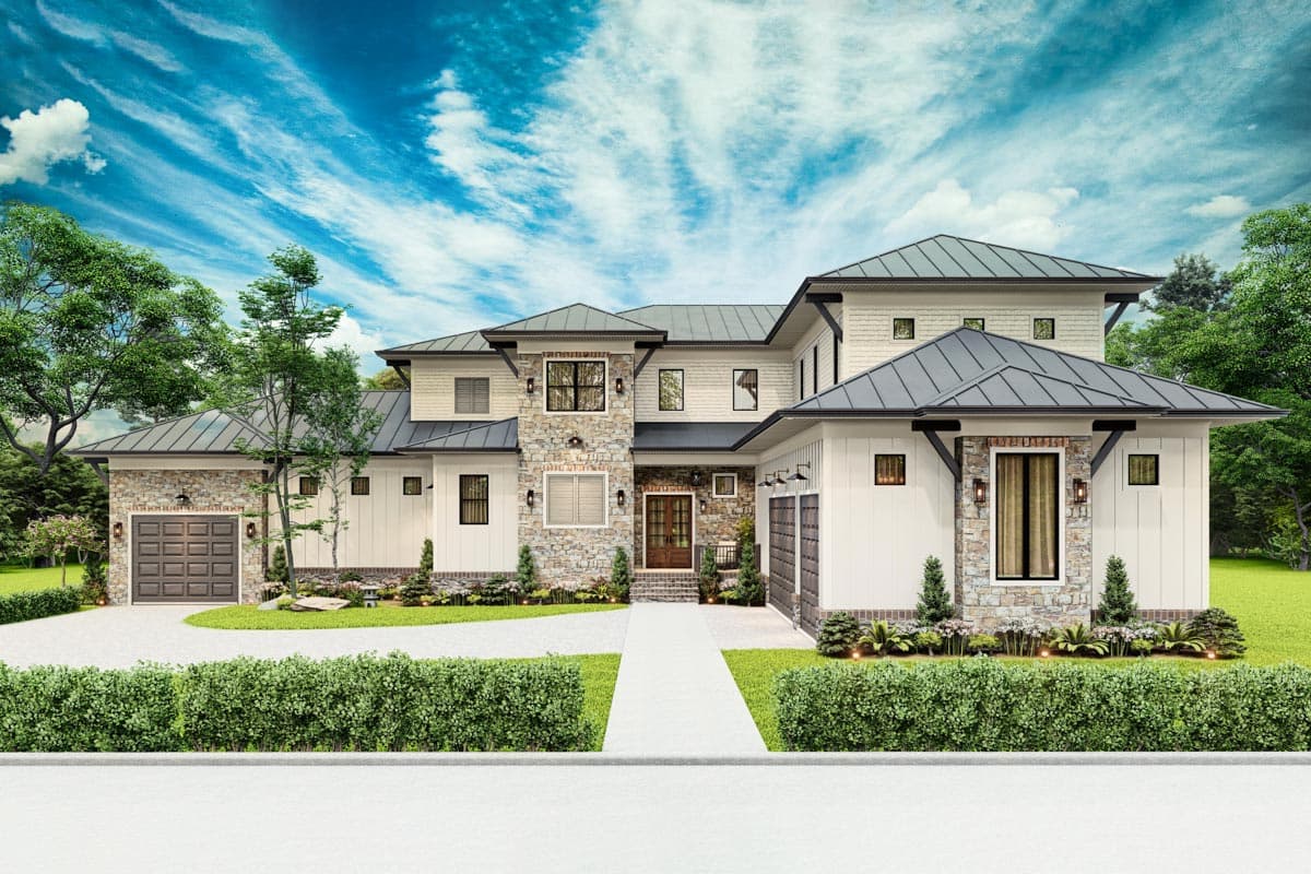 House plan exterior. Two-story Modern Farmhouse style with stone accents, multiple gables, and side-entry garages.