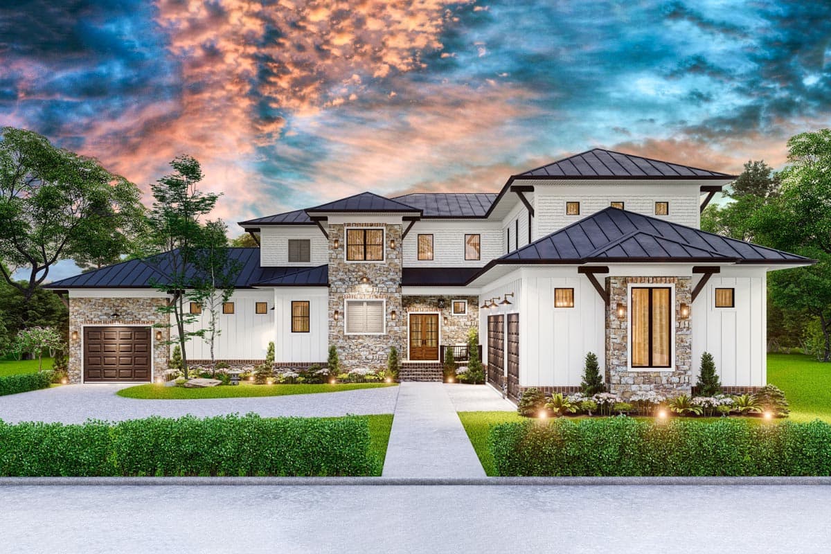 House plan exterior. Two-story Modern Farmhouse with stone accents, dark metal roof, multiple gables, and attached garages.