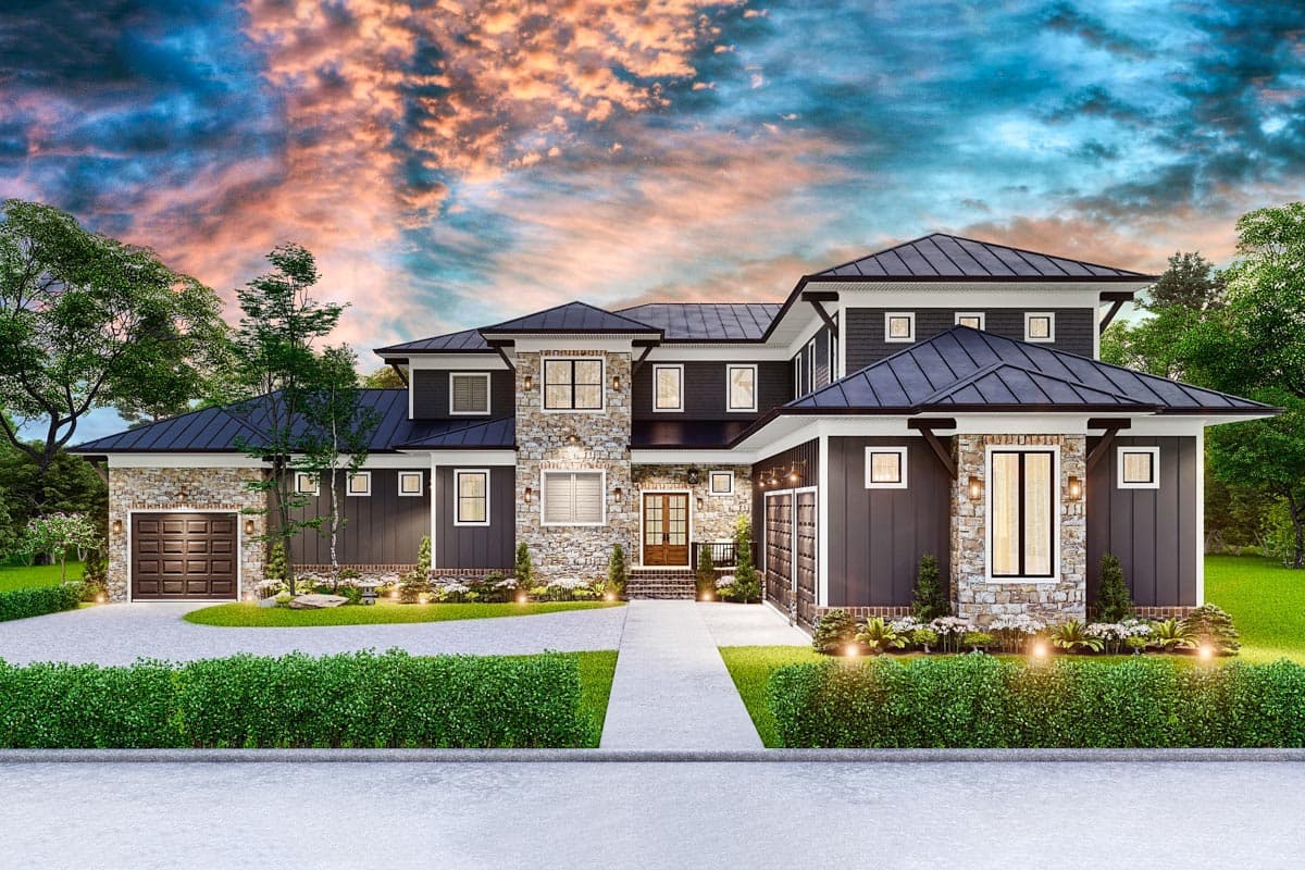 House plan exterior: two-story Modern Farmhouse with stone accents, a steeply pitched roof, two front-facing garages, and a covered entryway.