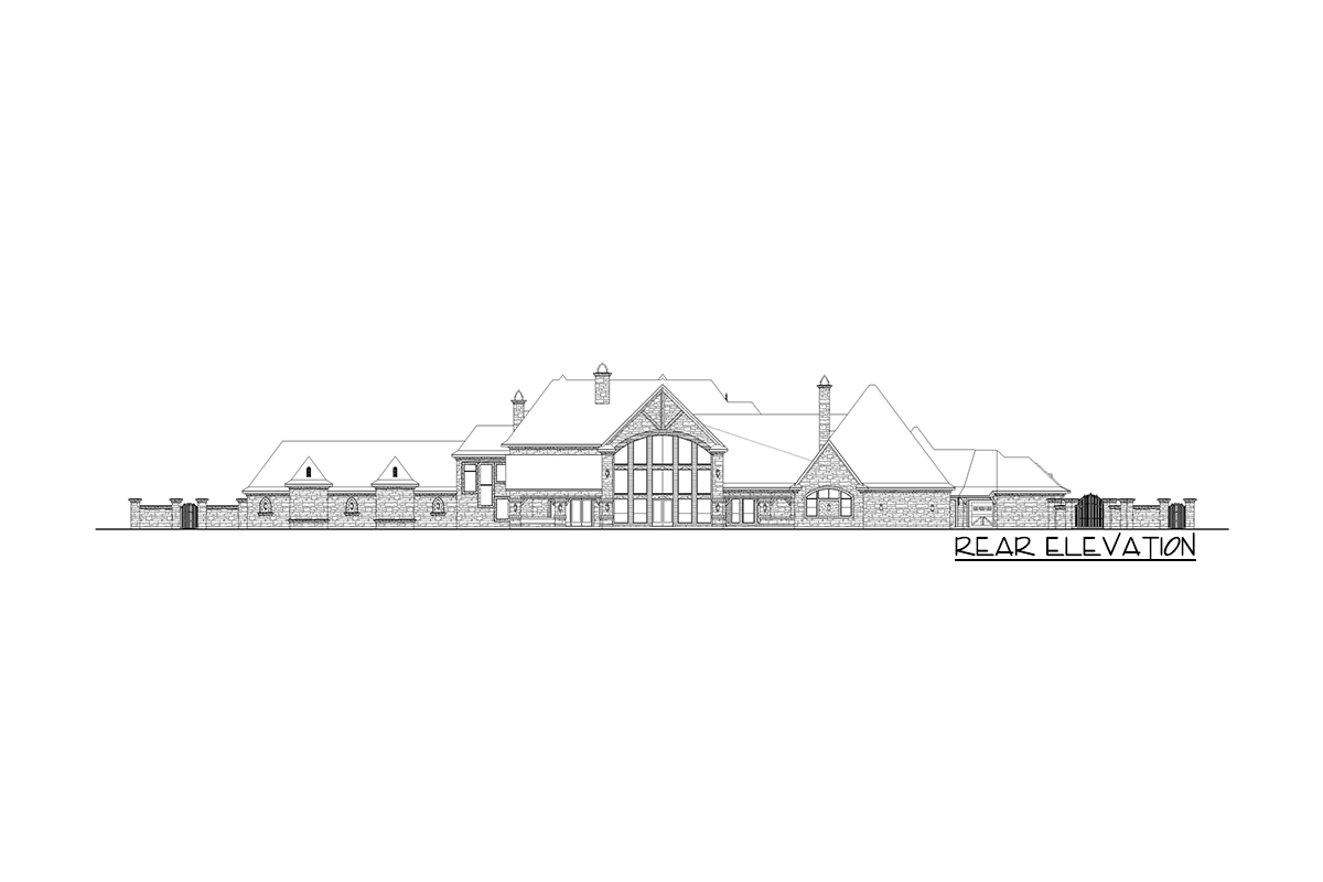 Rear elevation drawing of a large house with stone accents, prominent gables, multiple chimneys, and extensive windows.