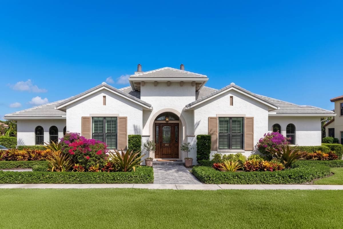House plan exterior: single-story home with arched entryway, tile roof, shutters, and prominent gables.