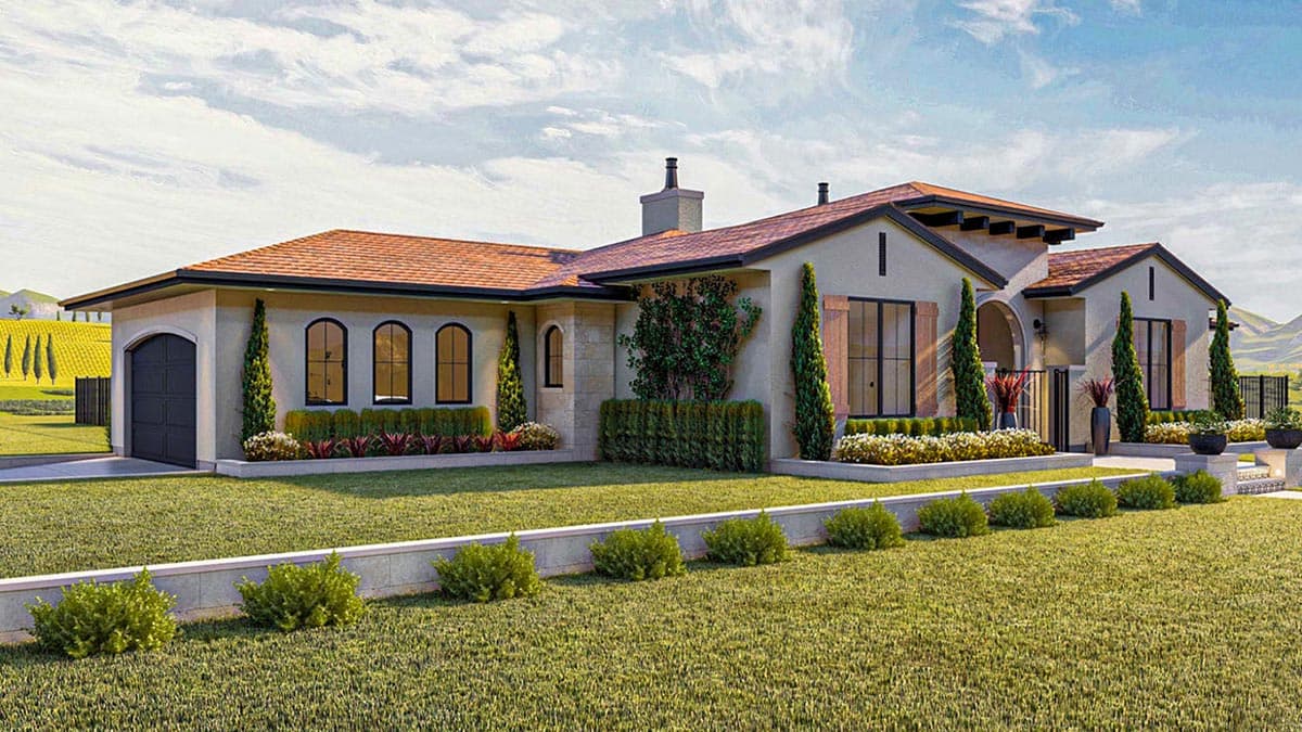 House plan exterior rendering with stucco finish, tile roof, arched windows, and attached garage.