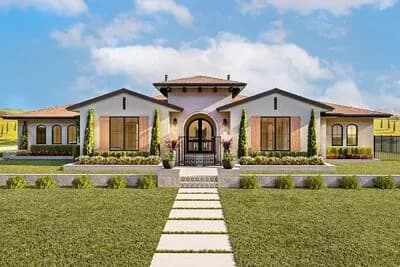 Mediterranean House Plan with Expansive Layout and Two-Way Fireplace