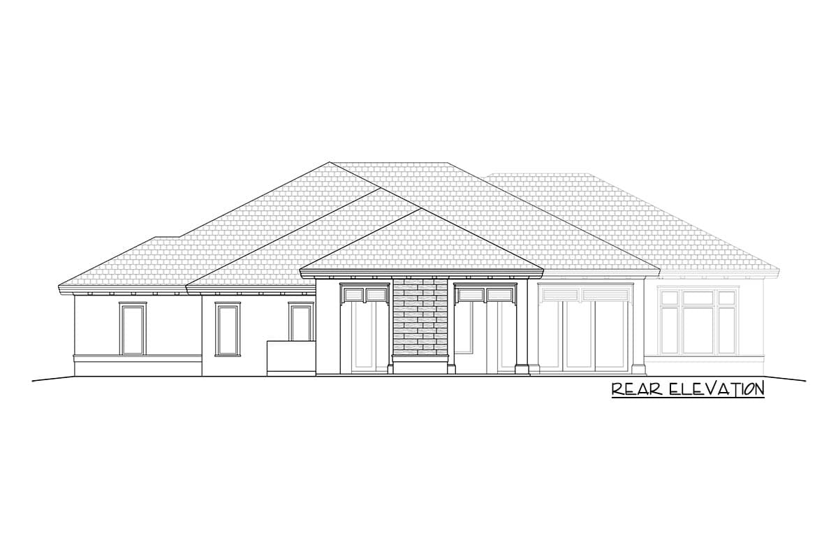 Rear elevation drawing of a single-story house plan with a hip roof, multiple gables, brick accent, and various window styles.