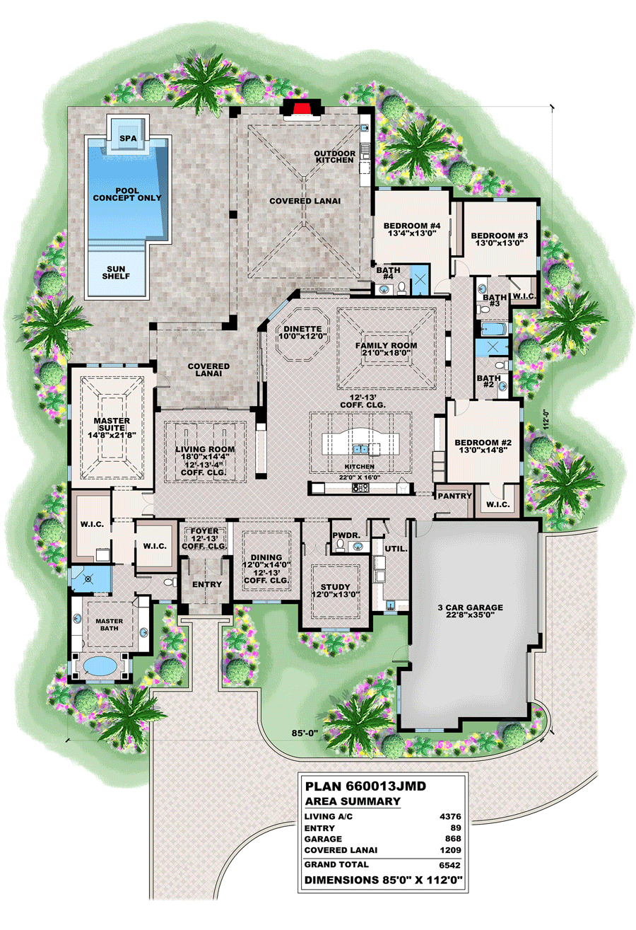Plan 660013JMD: 4-Bed Transitional House Plan Under 4500 Sq Ft with Outdoor Fireplace and Kitchen - Floor Plan - Main Level - European, Florida-Style, Mediterranean, Transitional