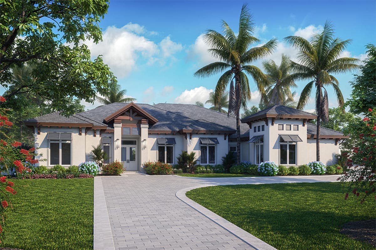 House plan exterior with low-pitched roof, symmetrical design, and multiple dormers. Includes a two-car garage, and covered entryway.