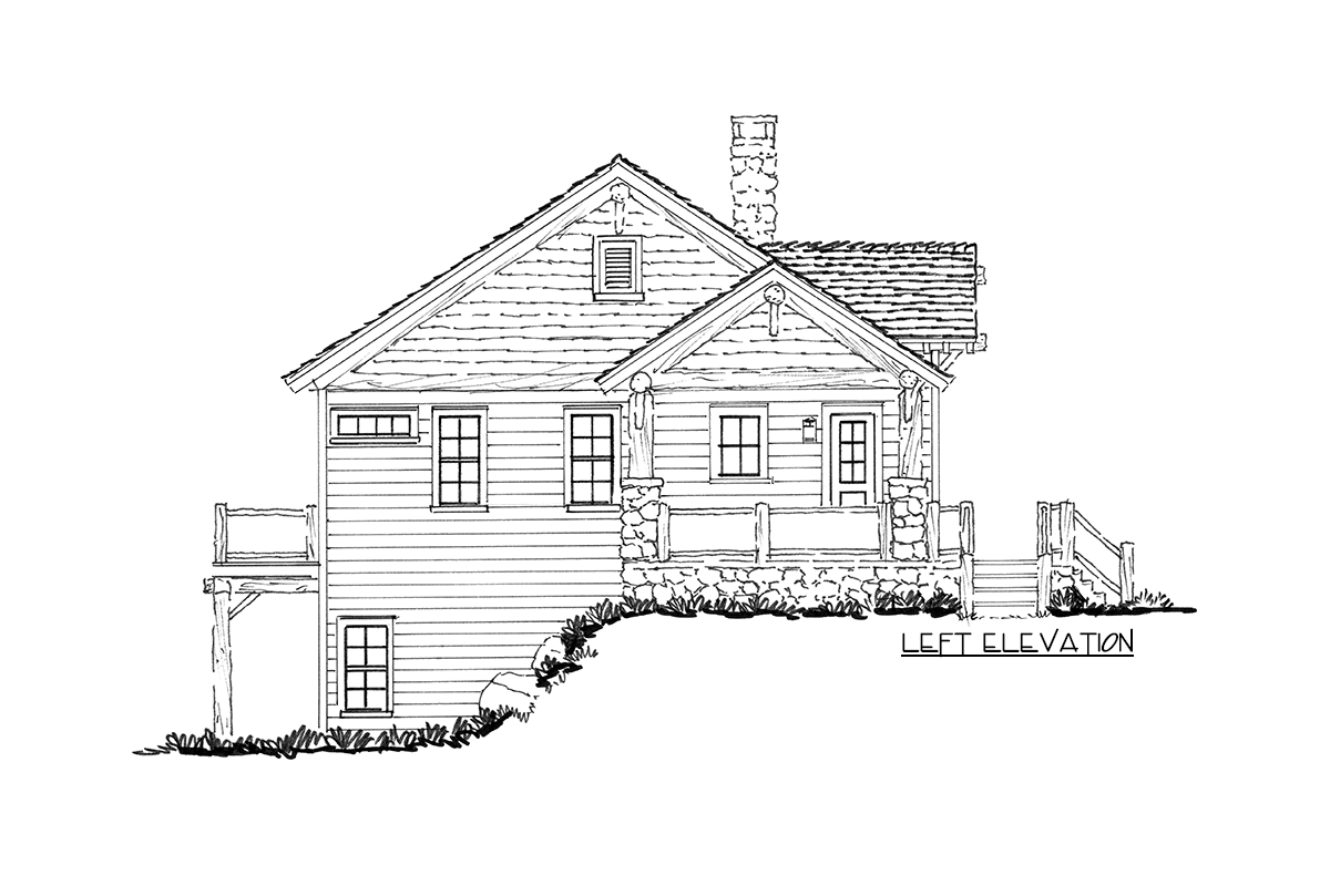Left elevation of a one-story house plan with shingled roof, stone foundation, porch, and chimney.