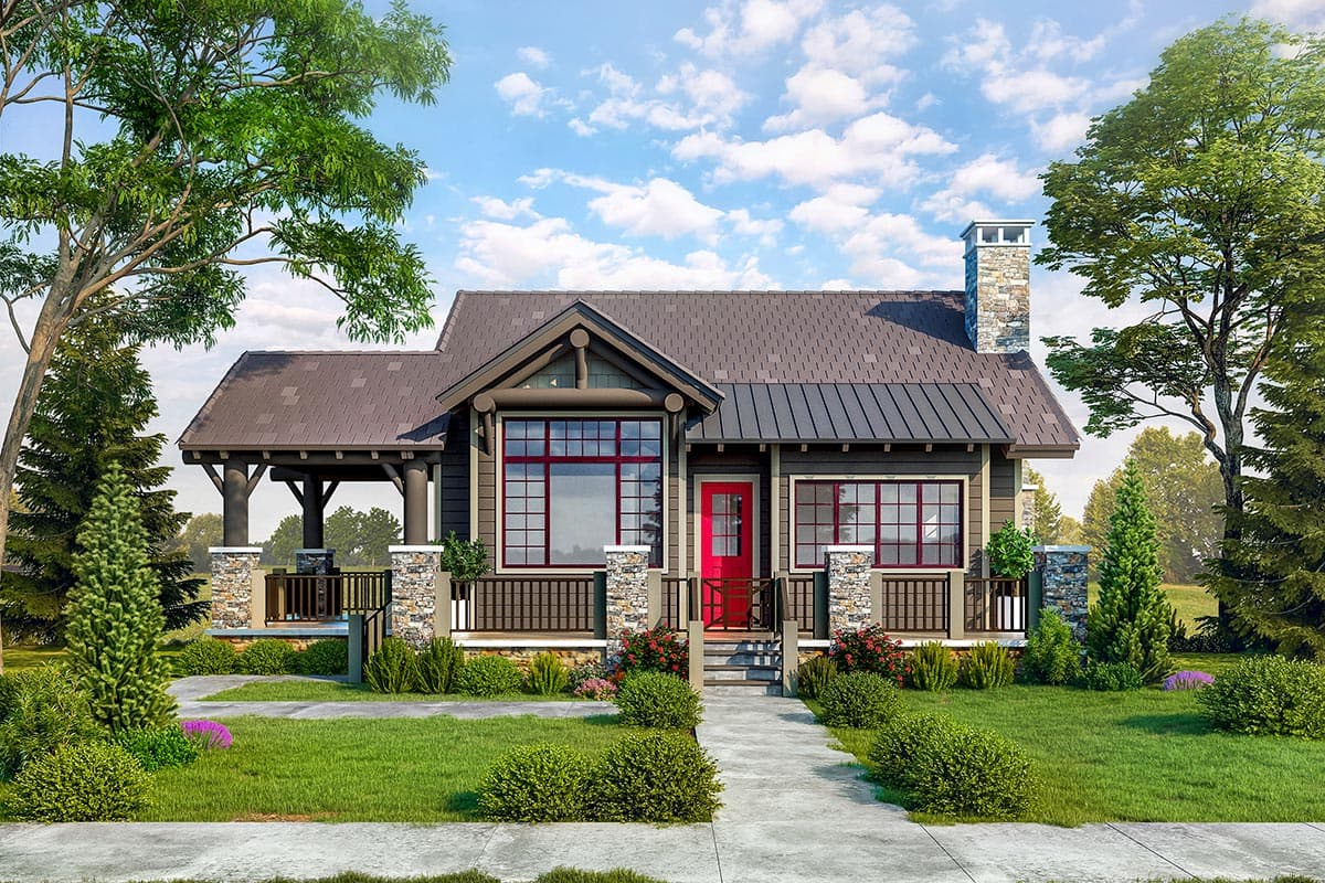 House plan exterior. Craftsman style with a gabled roof, stone chimney, and covered porch with timber supports and railing.