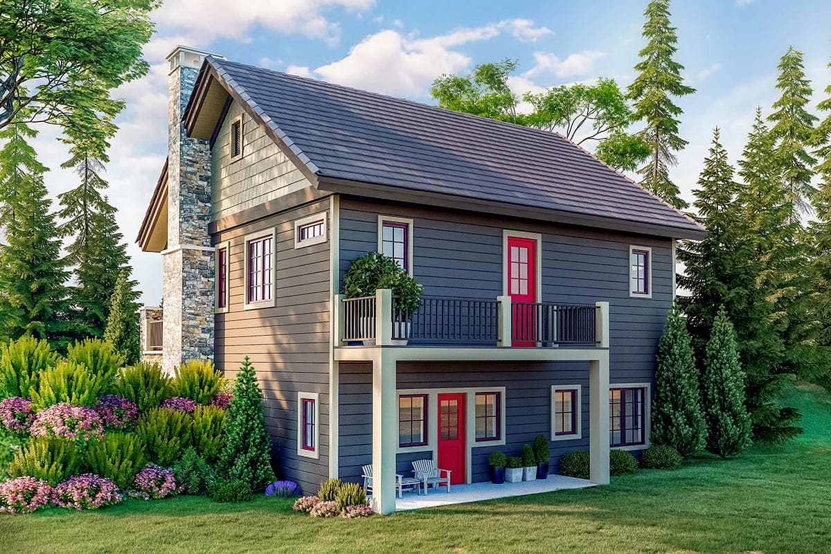 House plan exterior: Two-story dwelling with stone chimney, upper balcony, and two front doors.