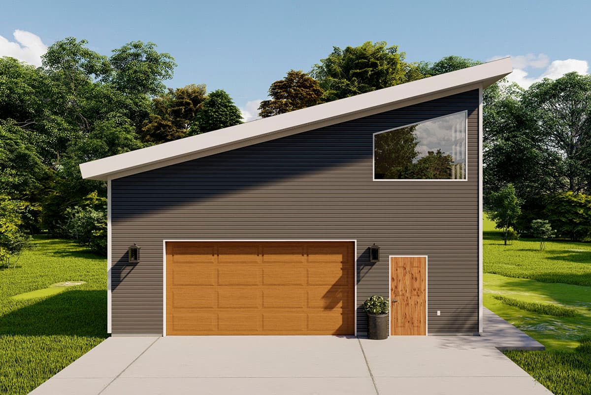 Modern house plan exterior with a single garage door, wooden door, and angled roofline with a geometric window.