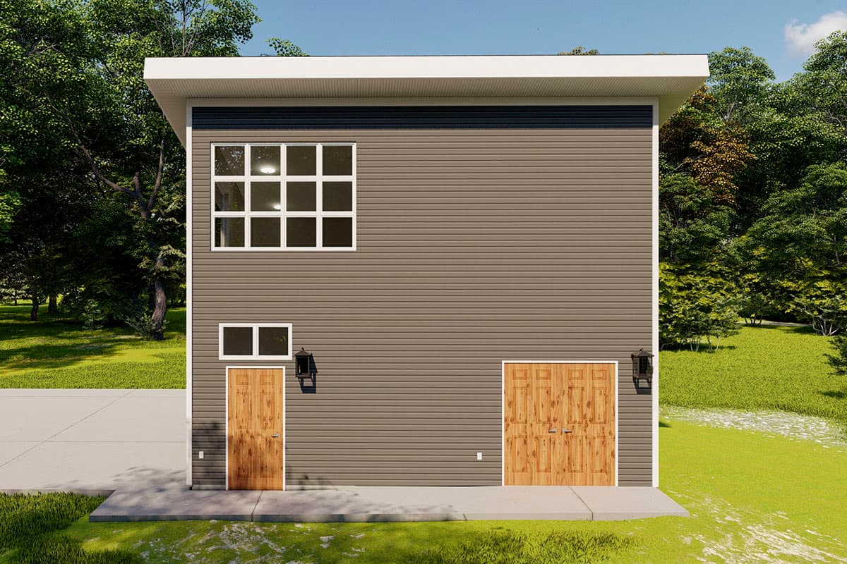Modern house plan exterior with flat roof, large grid window, two doors, and one double door.