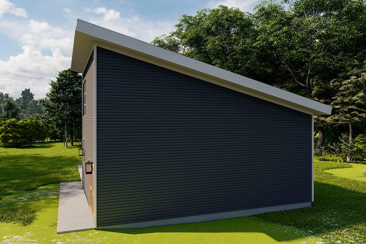 House plan exterior, modern style, single story with dark horizontal siding and a prominent shed roofline.