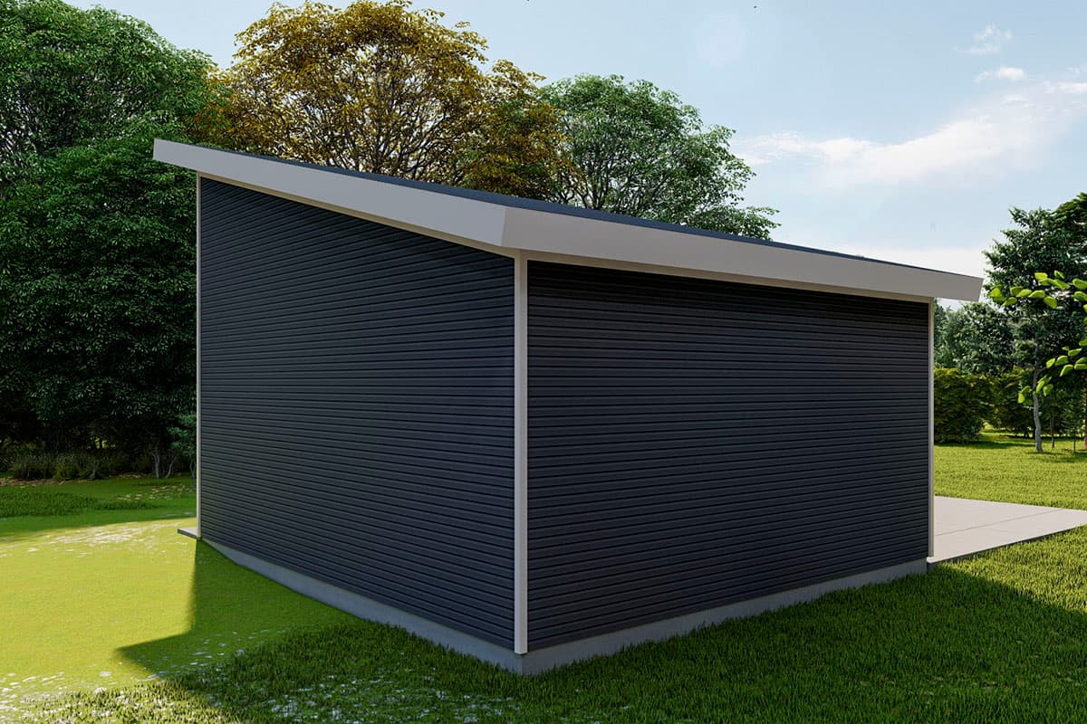 Modern shed exterior with a single-story design, dark horizontal siding, and a sloped roof.