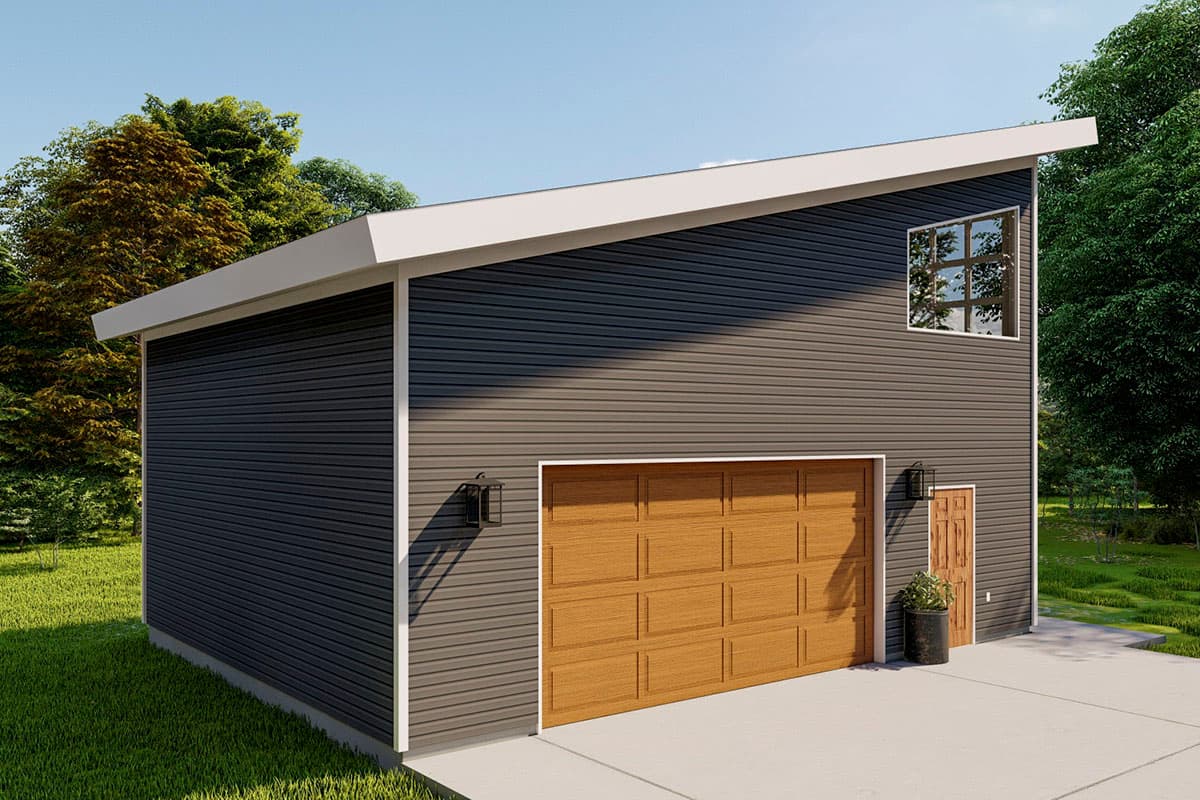 Modern house plan exterior with a mono-pitch roof, dark horizontal siding, wood garage door, and a transom window.