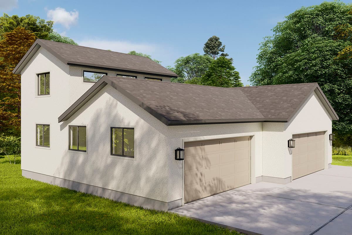 House plan exterior with two stories, a two-car garage, multiple gables, and rectangular windows. Modern design with neutral stucco.