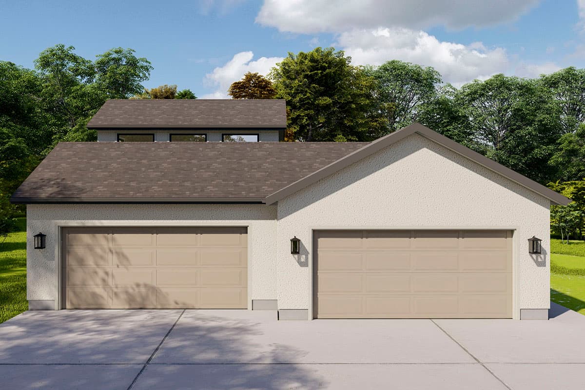 House plan exterior view of a stucco building with a gable roof, showing a two-car garage and a single-car garage side-by-side.