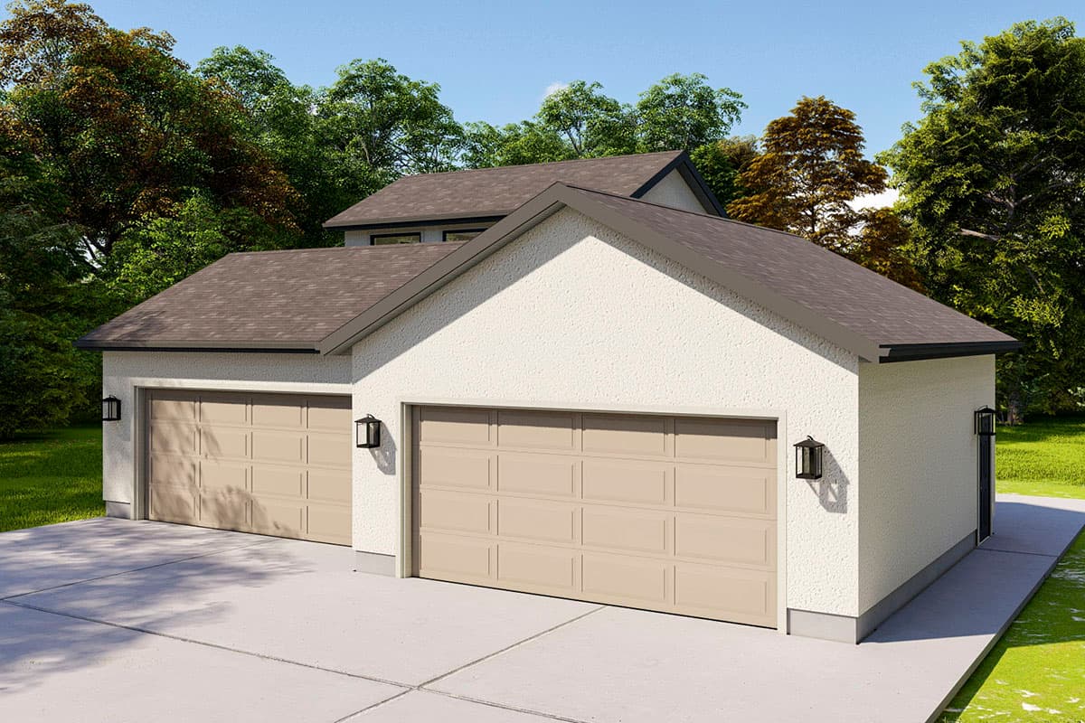 House plan exterior: Two-car garage with stucco finish, gable roof, and carriage-style doors.