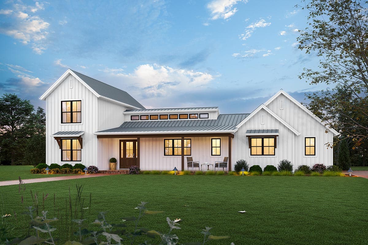 House plan exterior featuring a two-story Modern Farmhouse design. Includes gable rooflines, shed roof porch, and a dormer over a row of windows.