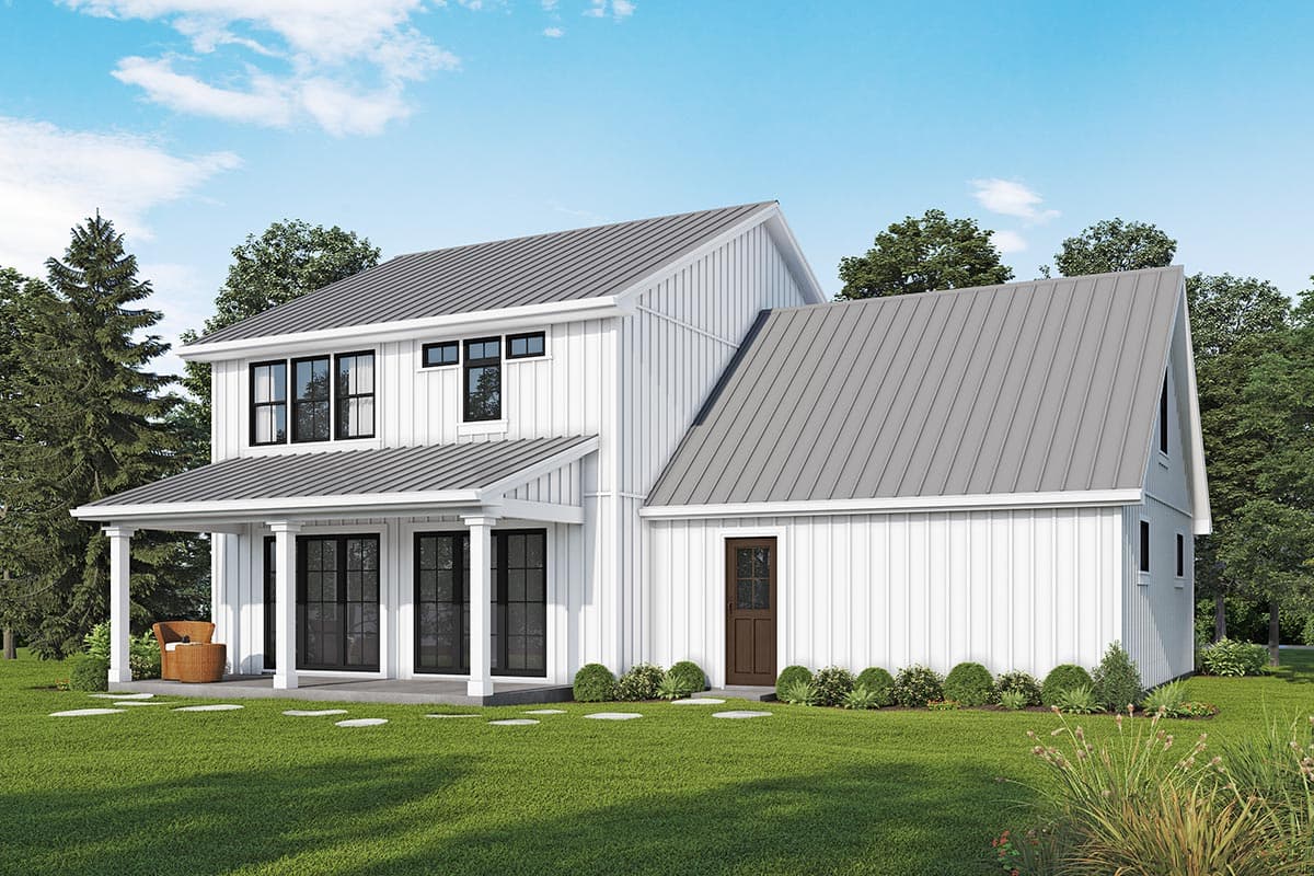 House plan exterior rendering of a two-story Modern Farmhouse with a covered porch, board and batten siding, and metal roof.