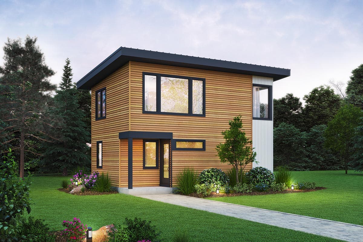 House plan exterior. Two-story modern style with horizontal siding, flat roof, and covered entry. Features include contrasting trim and large windows.