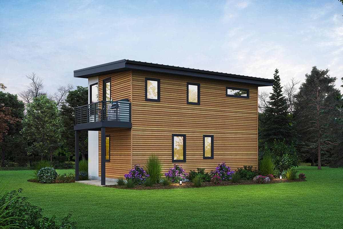 Two-story modern house plan exterior with horizontal wood siding, flat roof, and second-story balcony.