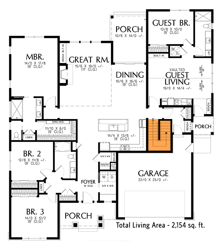 Plan 69358AM: Compact Craftsman Cottage with Multigenerational Living - Floor Plan - Basement Stairs Location - Cottage, Country, Craftsman, Northwest, Ranch, Rustic