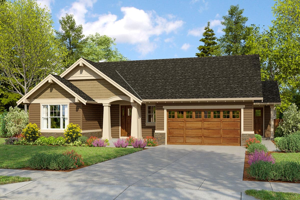 House plan exterior featuring Craftsman style, one story, gabled roof, front porch, and garage. The garage door is wood.