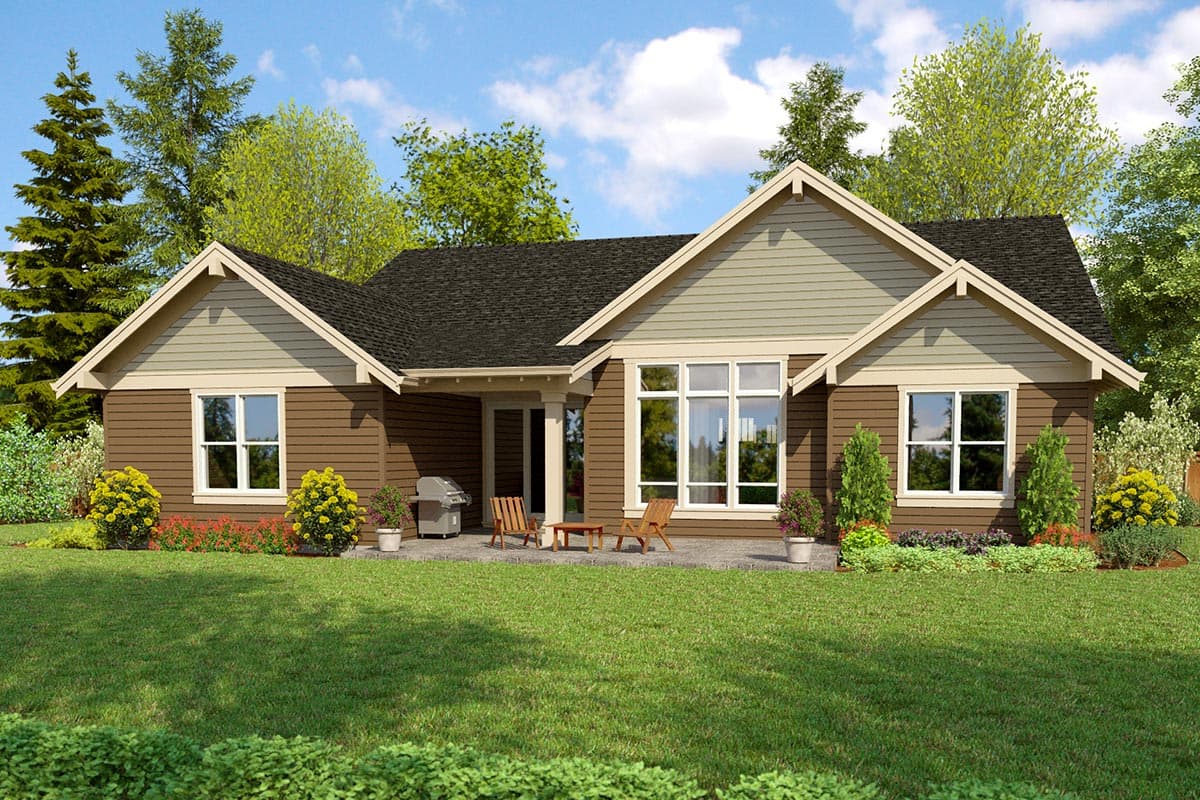 House plan exterior, a one-story home with multiple gables, horizontal siding, and a covered entry.