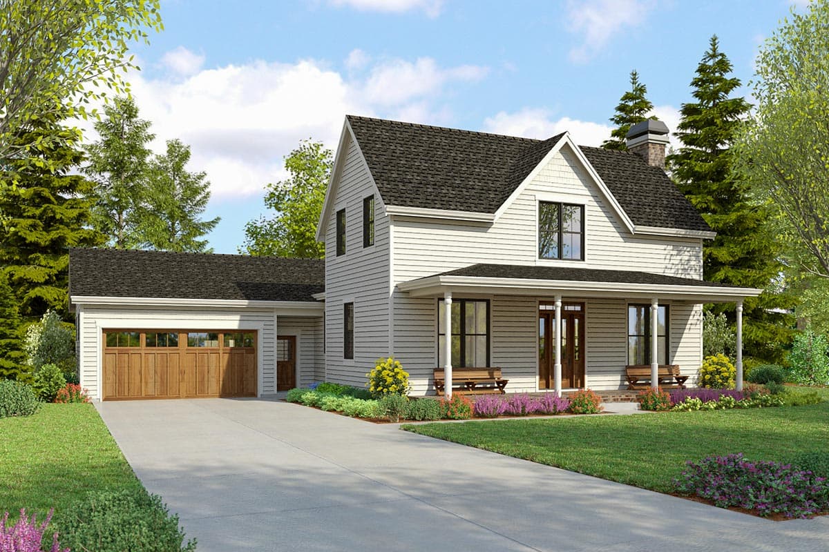 House plan exterior with two stories and a farmhouse style. Features include a front porch, gables, and attached garage with wood door.