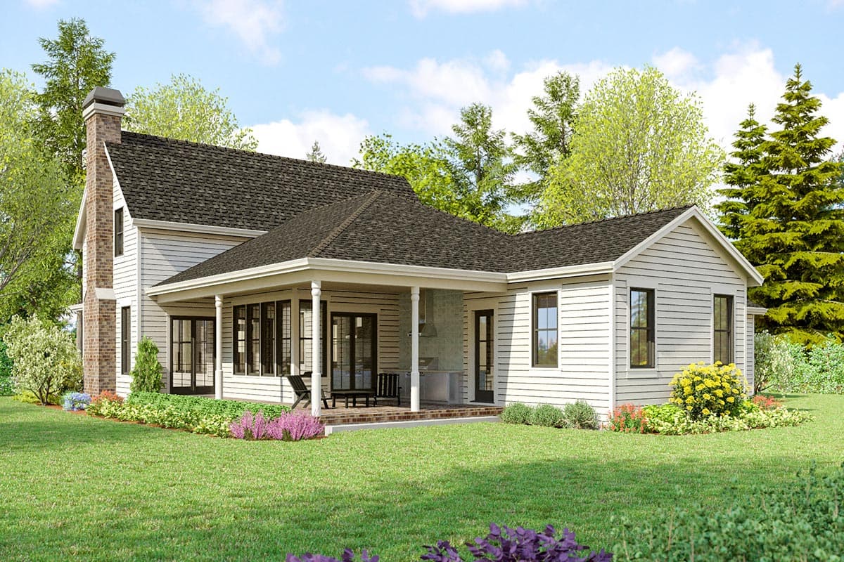 House plan exterior with a brick chimney, covered porch with columns, and white horizontal siding.