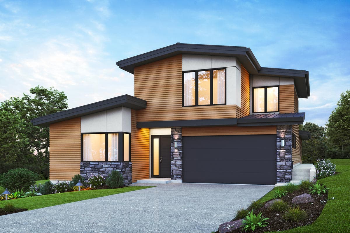 House plan exterior. Modern style, two-story home with flat rooflines, stone veneer accents, and an attached garage.