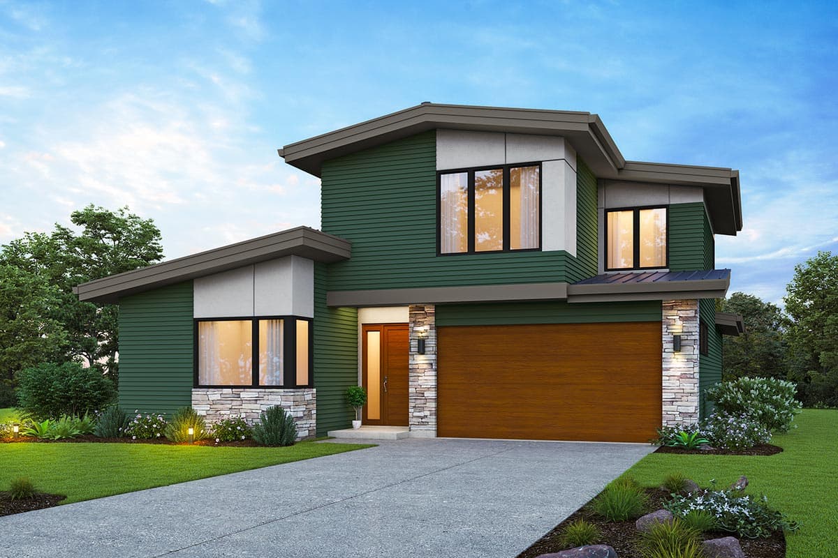 Modern house plan exterior with two stories, green siding, stone accents, and a two-car garage.